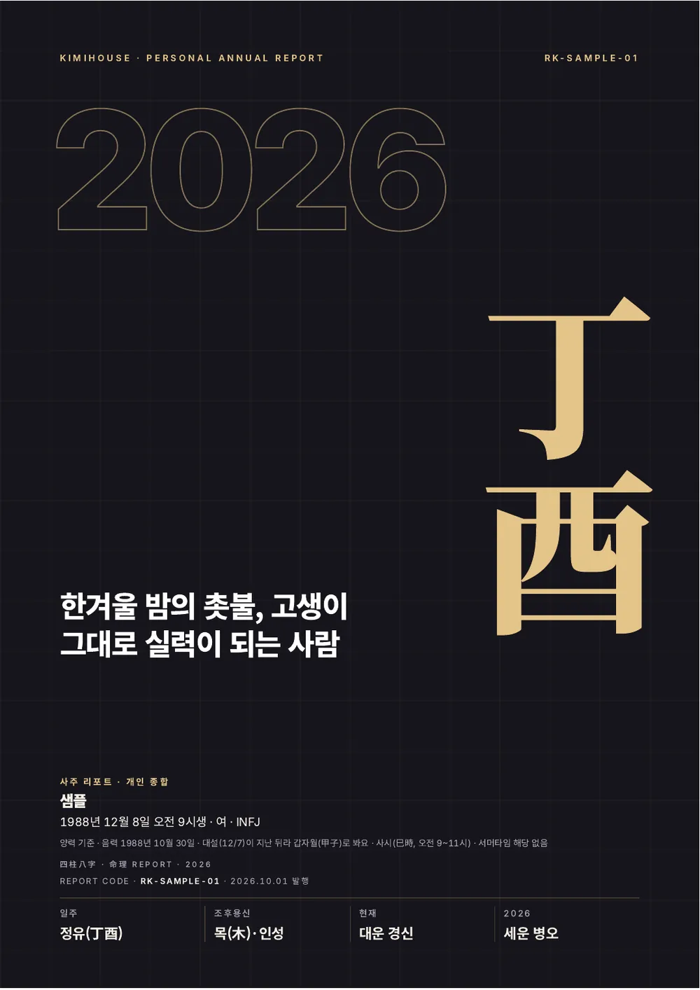 리포트 표지 A · 먹과 금 — 명식 여덟 글자와 일주·용신·대운·세운 요약