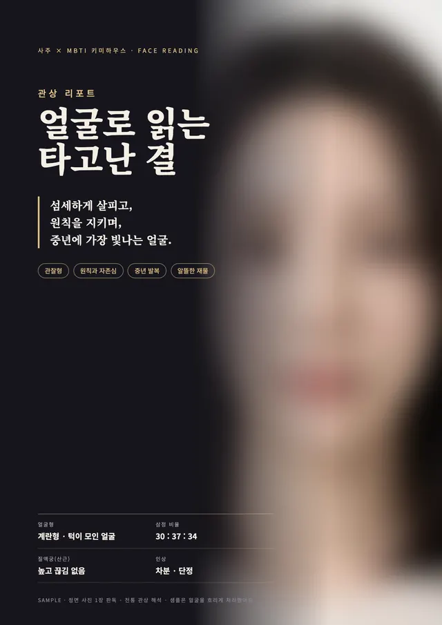 관상 리포트 지면 — 관상 표지 (샘플은 얼굴을 흐리게 처리)