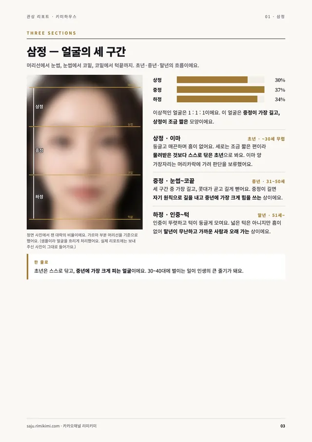 관상 리포트 지면 — 삼정 — 얼굴의 세 구간 (샘플은 얼굴을 흐리게 처리)