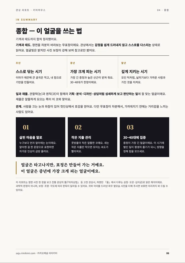 관상 리포트 지면 — 종합 (샘플은 얼굴을 흐리게 처리)