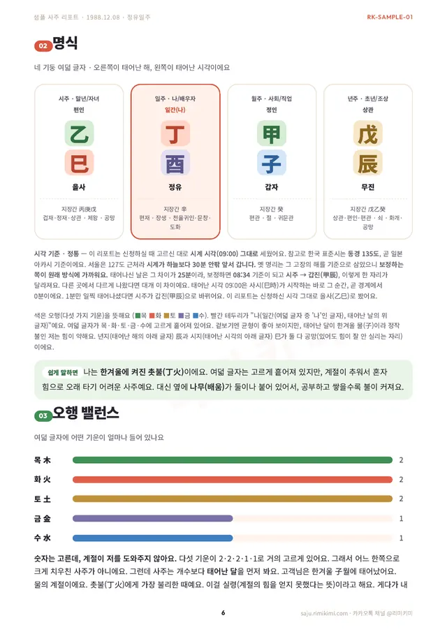 사주 리포트 지면 — 명식과 오행